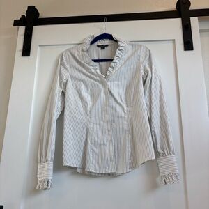 Brooks Brothers White Striped Ruffle Blouse